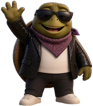 Vibe and Giggle turtle in sunglasses and a sequin jacket, waving